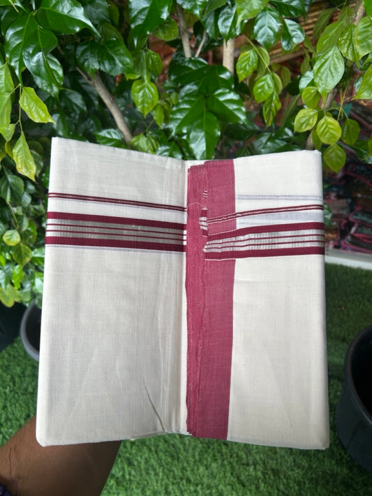 25% Discount!!! KaithariKada HANDLOOM MILLPAAV Balaramapuram - 100% PURE Cotton OFF WHITE (Unbleached) Double Mundu/Dhoti - 80x90 - 1.25 inch Silver kasavu striped Maroon kara  4 Mtr (8.5 Muzham) - 8KK5235 YAR