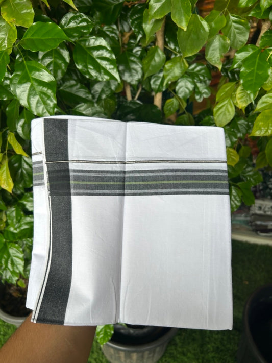24% Discount !! KaithariKada Balaramapuram 100% Cotton Pure white Single Mundu/Dhoti - Twisted 60s Thread- 1.5 inch Silver Kasavu Black & Green Shaded Striped Kara (2 meter / 4 muzham) - 8KK5241 GL