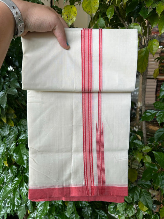 25% DISCOUNT!! KaithariKada HANDLOOM  UNAKKUPAAV Balaramapuram - 100% PURE Cotton OFF White - (Unbleached) Double Mundu/Dothi - 100 x 80 - 0.75 inch Pink Red Chutty Kara 3.85 meter (8.5 mulam) - 8 KK5249 REA