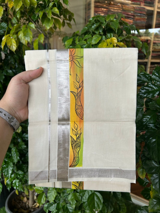 24% Discount! Hand Painted - KaithariKada 100% Cotton Double Off white - (Ubleached) Mundu / Dhoti - 100x80 1 inch Silver Kasavu & Hand Painted Flower - 8 KK5259 CKS