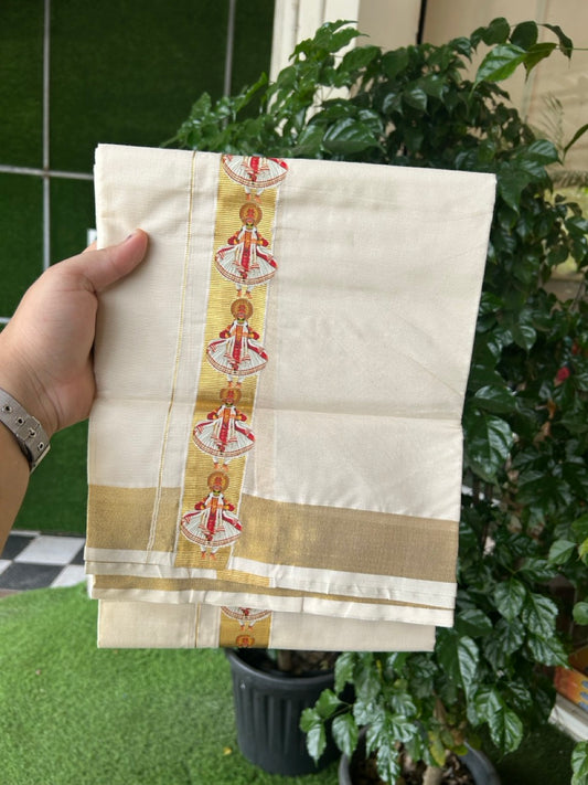 25% Discount!! KaithariKada Balaramapuram Mixed Cotton Double Off white - (Ubleached) Mundu/Dhoti - 80x72 - 1.25 inch Kasavu & Kathakali Printed Design Kara - 8 KK5262 MUT