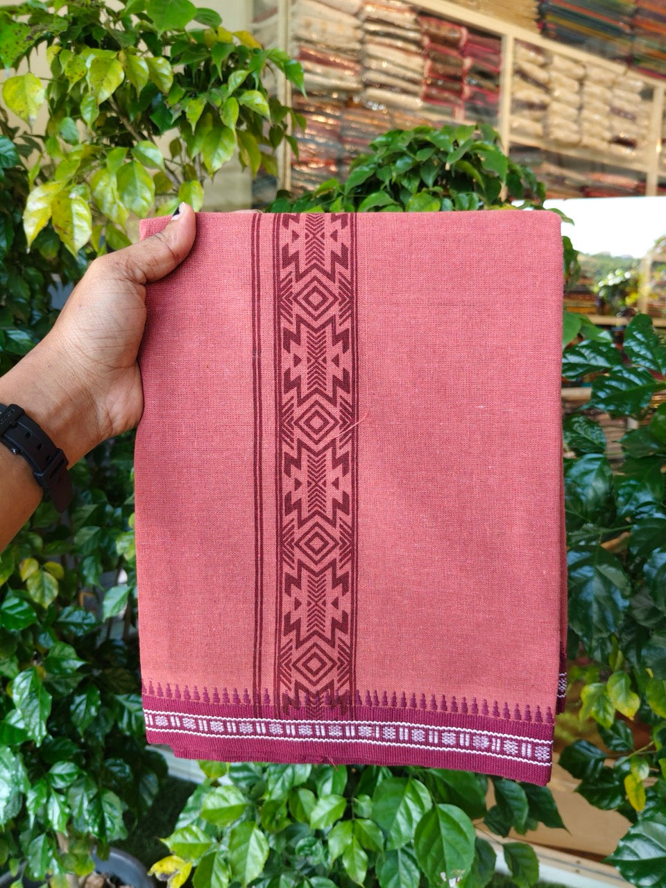 8% Discount!!! Kaitharikada Mixed Cotton Single KAVI - Kaily / Lungi - 3.25 inch Maroon Tribal Kuppadam Border (2 meter / 4 muzham) - 8KK8027 AS
