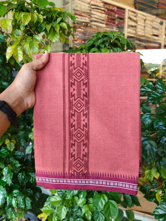 8% Discount!!! Kaitharikada Mixed Cotton Single KAVI - Kaily / Lungi - 3.25 inch Maroon Tribal Kuppadam Border (2 meter / 4 muzham) - 8KK8027 AS