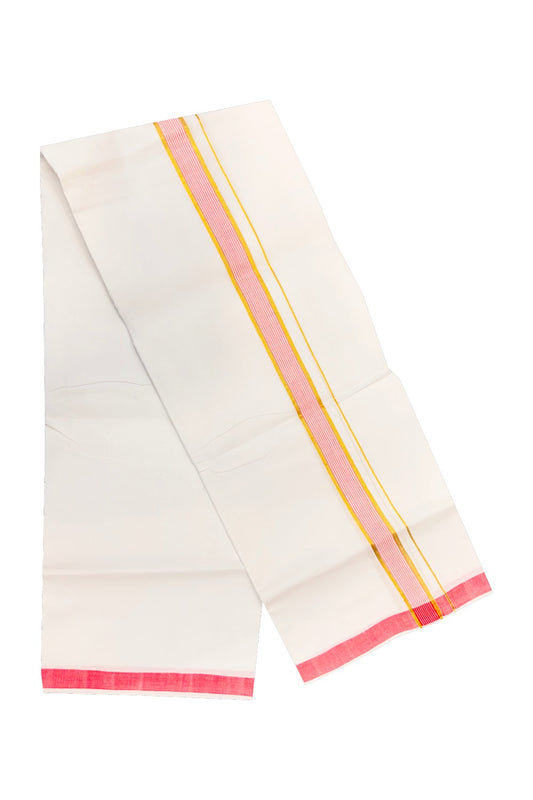 30% OFFER! KaithariKada 100% Cotton Balaramapuram HANDLOOM Single  PURE WHITE Mundu/Dhoti - 0.75 inch (2 meter / 4 muzham) Pink Kasavu Kara & Stripes - 8KAI.