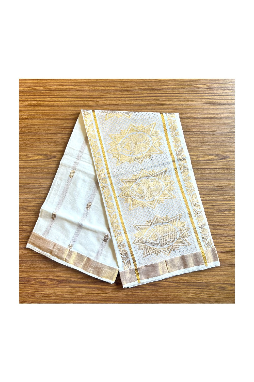 23 % Discount!!! Kaitharikada Kerala Cotton Saree Off white - 27.5 inch Kasav Zari with Flower Pattern Putta Design- 8KK1002JEE