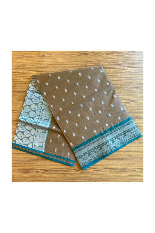 KaithariKada- Balaramapuram Saree - 100% PURE Cotton Silk -Brown & Peacock Blue, Peacock Design -8KK1005PAN.
