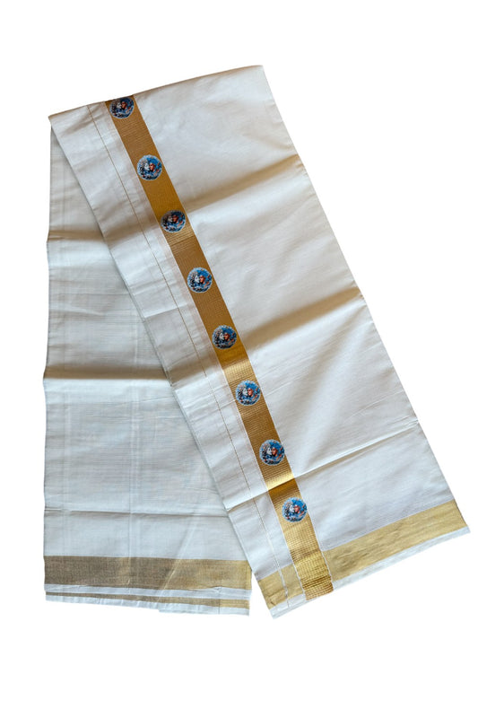 20% Discount !! KaithariKada Balaramapuram Mixed Cotton Double Off white - (Unbleached) Mundu/Dhoti-80x72-  Printed Krishnan & Radha Kasavu Design - 8KK207PMC
