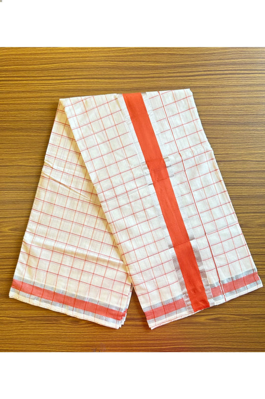 25% Discount! Kaitharikada Kerala Saree - Cotton - Silver Kasavu Brick Red Kara with check patterns- 8KK300VIN