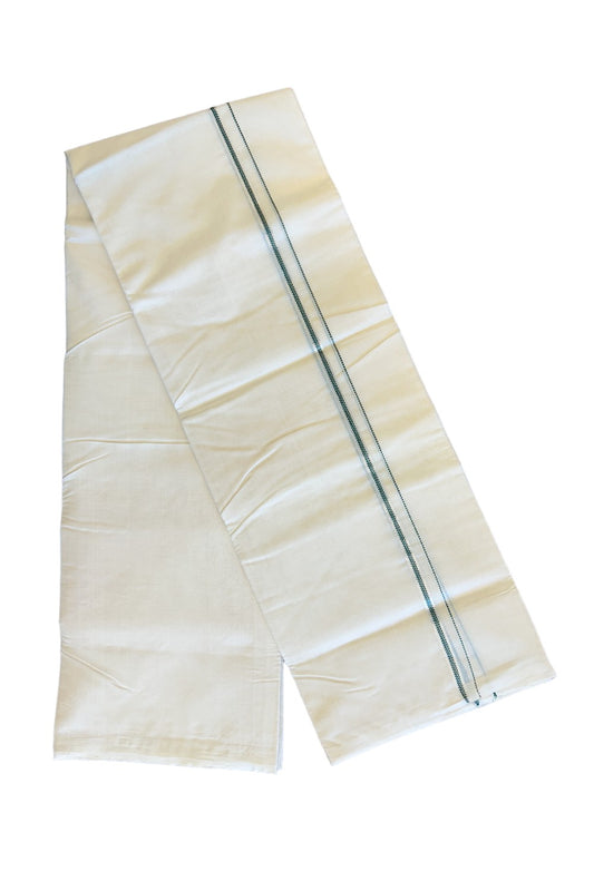 25% DISCOUNT!! KaithariKada HANDLOOM UNAKKUPAAV Balaramapuram - 100% PURE Cotton OFF White (Unbleached) Double Mundu/Dothi -  Muthukuri Green & Silver Kasavu kara 3.70m (8 Muzham) - 8KK410SOM