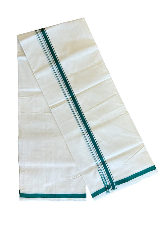 23% Discount!!! KaithariKada HANDLOOM UNAKKUPAAV Balaramapuram - 100% PURE Cotton off white (Unbleached) Double Mundu/Dhoti - 2 cm Silver kasavu & green puliyilakkara chutty - 8KK458SOM