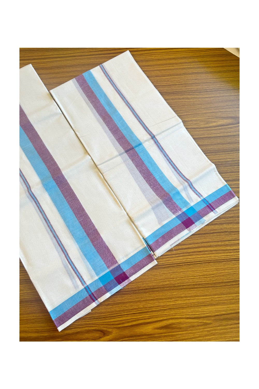 16% Discount!! KaithariKada - Kerala Cotton Single Set Mundu -  Light Blue & Maroon Stripes- 7KK459VIN