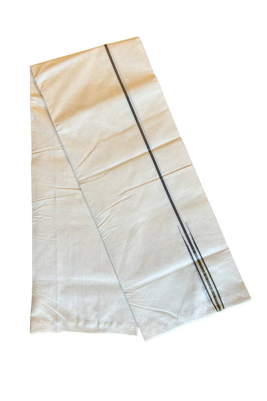 30% DISCOUNT!! KaithariKada HANDLOOM Millpaav Balaramapuram - 100% PURE Cotton OFF White - (Unbleached) Double Mundu/Dothi - 2 cm Puliyilakkara silver kasavu Black stripes with Black & Light yellow chutty - 8KK462RAM