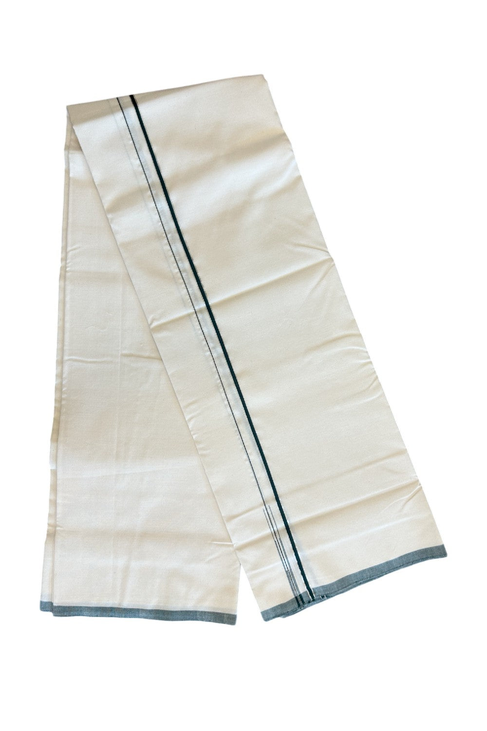 SIGNATURE KAITHARIKADA EXCLUSIVE SINGLE DHOTI - 100% Cotton Balaramapuram HANDLOOM Single Mundu/Dhoti - Off White - (Unbleached)  0.25inch Green & Silver Kasavu Kara  (2 metre / 4 muzham) - 8KK5010KAI
