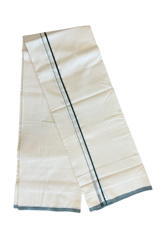 SIGNATURE KAITHARIKADA EXCLUSIVE SINGLE DHOTI - 100% Cotton Balaramapuram HANDLOOM Single Mundu/Dhoti - Off White - (Unbleached)  0.25inch Green & Silver Kasavu Kara  (2 metre / 4 muzham) - 8KK5010KAI