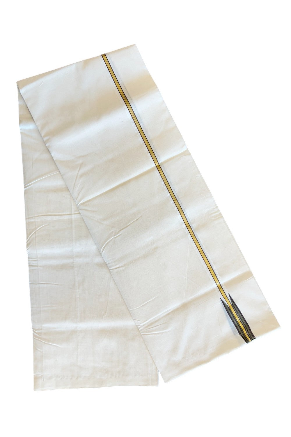 30% DISCOUNT!! KaithariKada HANDLOOM Unakkupaav  Balaramapuram - 100% PURE Cotton OFF White Double - (Unbleached) Mundu/Dothi - Kasavu dark olive green & Brown puliyilakkara Chutty - 8KK5029RAM