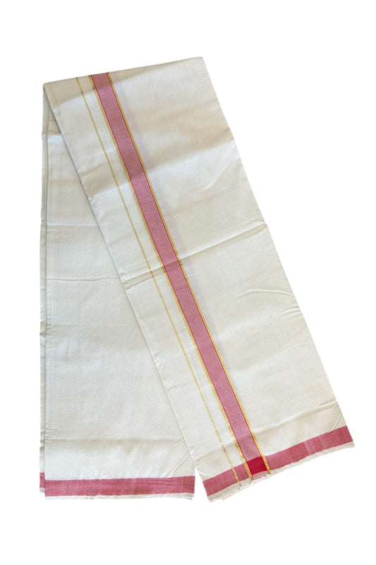 25% KaithariKada 100% PURE Cotton Balaramapuram HANDLOOM off white (Unbleached) Single Mundu/Dhoti - 2 inch Gold Kasavu & Red Kara(2 meter / 4 muzham) - 79