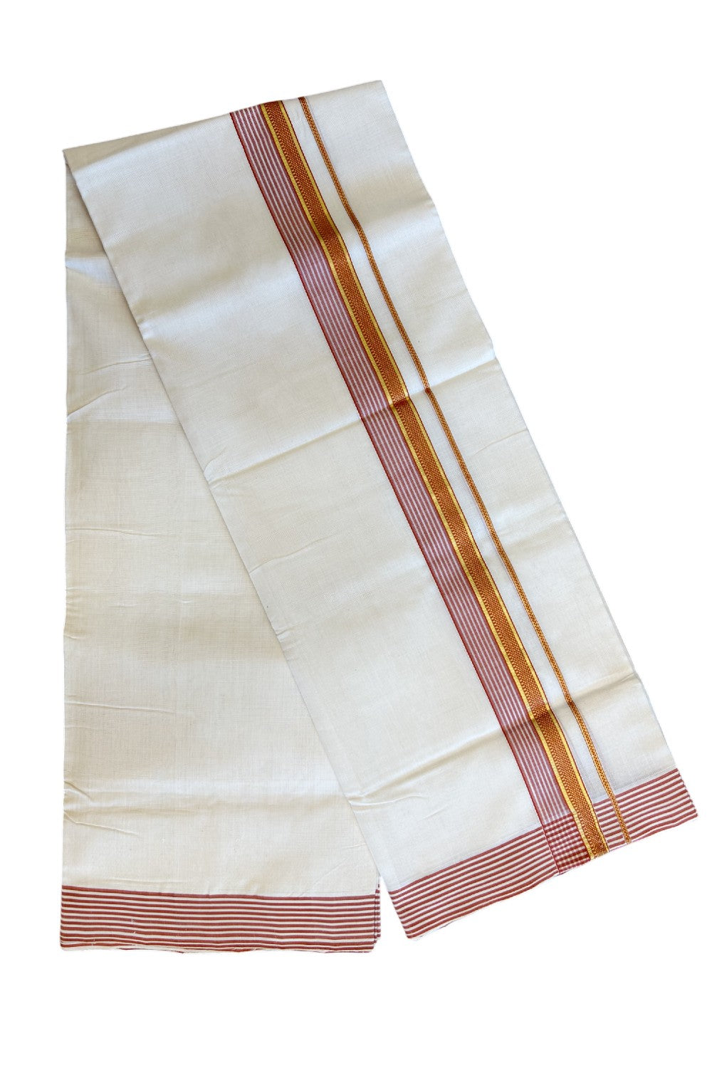 30% Discount KaithariKada HANDLOOM Unakkupaav Balaramapuram - 100% PURE Cotton Off White (Unbleached) Double Mundu/Dhoti - 2.25 inch  Kasavu & Brick Red Stripes Designer Kara-221