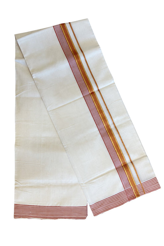 30% Discount KaithariKada HANDLOOM Unakkupaav Balaramapuram - 100% PURE Cotton Off White (Unbleached) Double Mundu/Dhoti - 2.25 inch  Kasavu & Brick Red Stripes Designer Kara-221