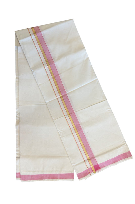 30% Discount KaithariKada 100% Cotton Balaramapuram HANDLOOM Single Mundu/Dhoti - Off White (Unbleached) 1.75inch (2 meter / 4 muzham) Pink & Kasavu Kara Stripes- 311