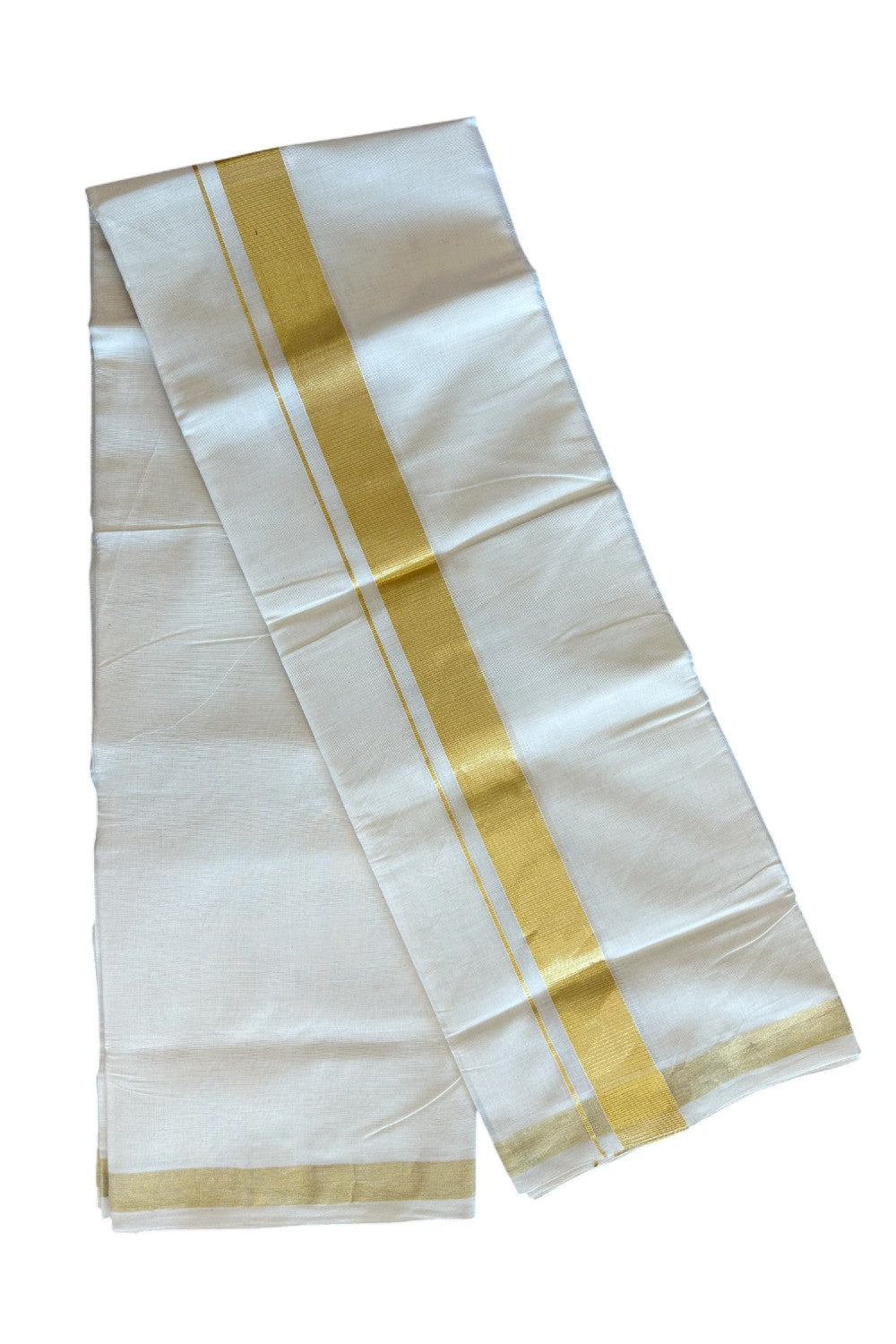 25% DISCOUNT! KaithariKada HANDLOOM Unakkupaavu Balaramapuram - 100% Cotton Double OFF White - (Unbleached) Mundu/Dhoti - 100x100 - 2 inch Gold Kasavu Kara 3.66 meters - 8KK5065KK
