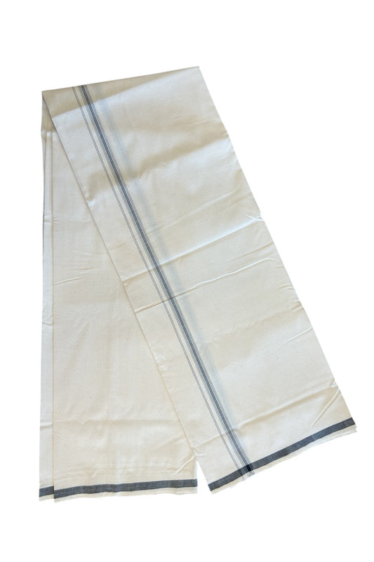 30% Discount ! KaithariKada 100% Cotton Balaramapuram HANDLOOM Single Mundu/Dhoti - Off White (Unbleached) 1.cm (2 meter / 4 muzham)  Grey striped  kara - 13.