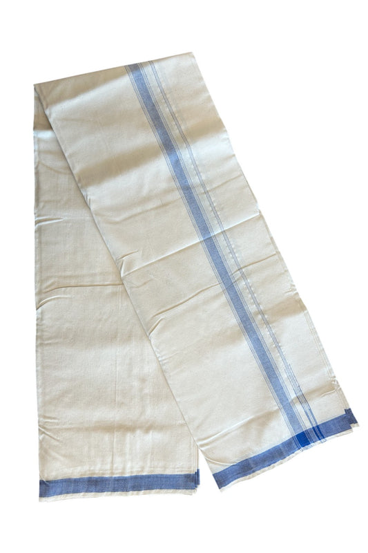 30% Discount ! KaithariKada 100% Cotton Balaramapuram HANDLOOM Single Mundu/Dhoti - Off White (Unbleached) 1inch(2 meter / 4 muzham) Blue Stripes Chutty Puliyilakkara- KK32KAI