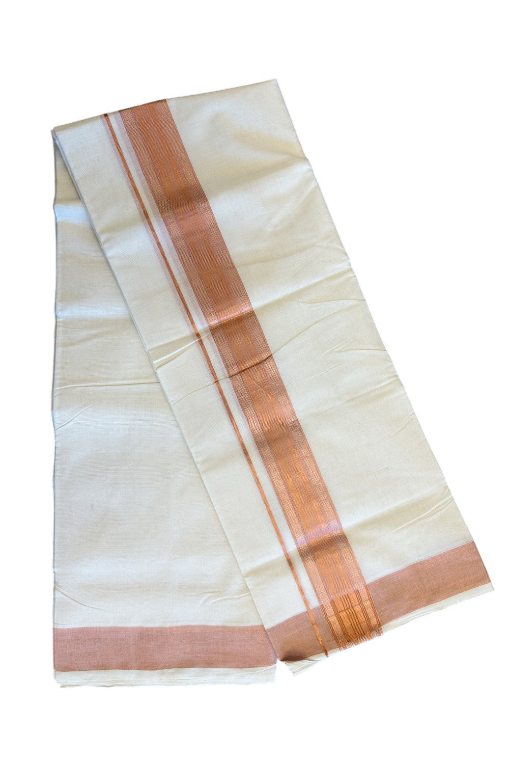 30% DISCOUNT ! KaithariKada HANDLOOM Unakkupaav Balaramapuram - 100% PURE Cotton Off White - (Unbleached) Double Mundu/Dhoti - Copper Striped 2.5 inch KARA- 4KK44RAM.