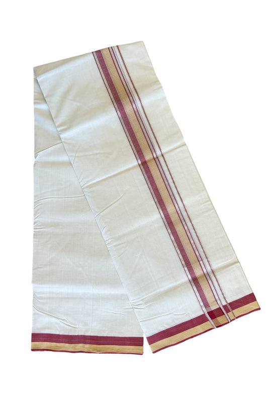 25% Discount KaithariKada HANDLOOM Unakkupaav Balaramapuram - 100% PURE Cotton OFF WHITE Double - (Unbleached) Mundu/Dhoti - 2 inch  Red +Yellow Stripes & Silver kasavu - 8KK506RAM