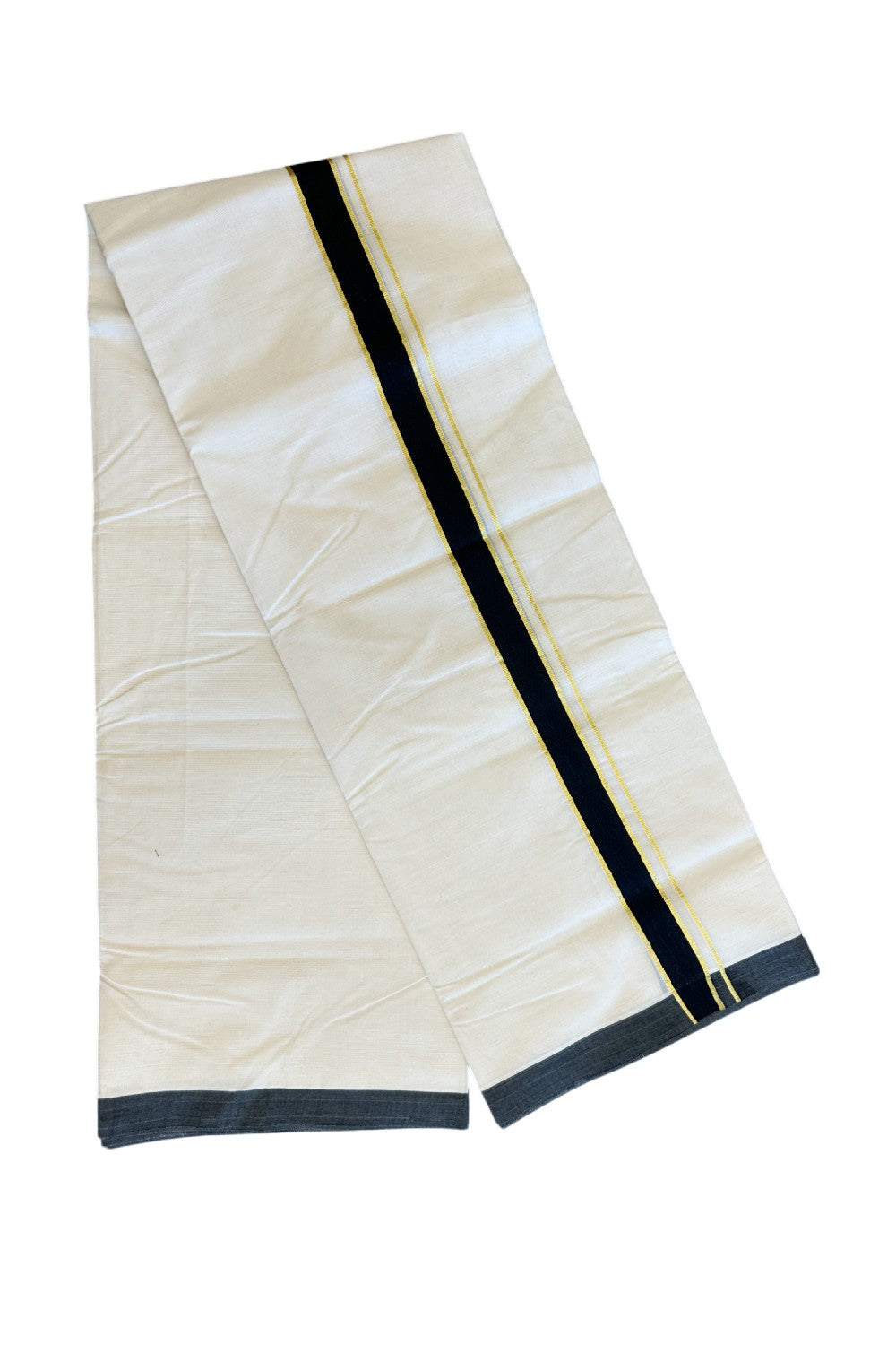 18% Discount ! KaithariKada Balaramapuram 100% Cotton Double Off white - (Unbleached) - Mundu/Dhoti-100X100 - 1.5inch Gold Kasavu & Black Kara.- 8KK5074ASH