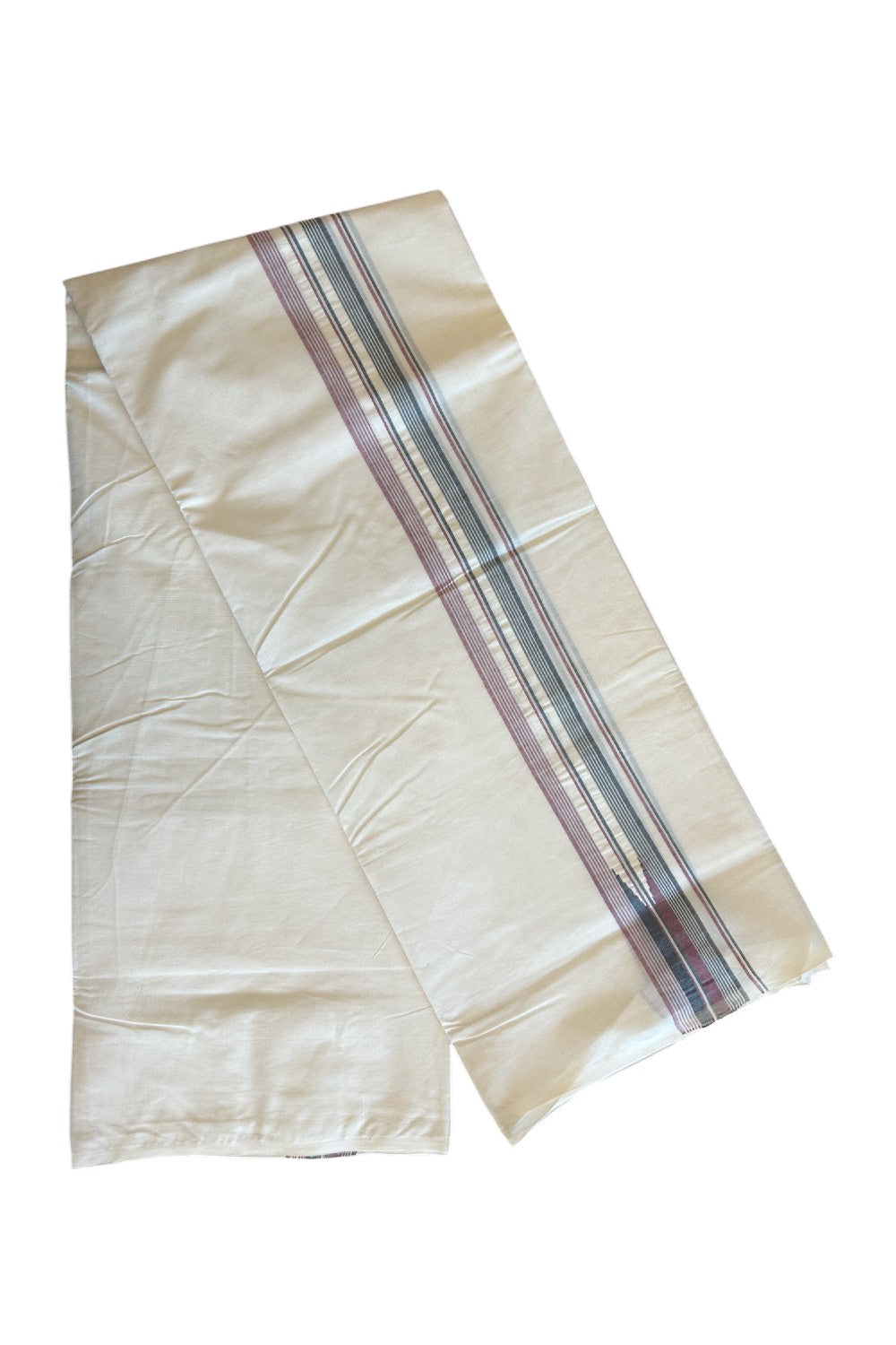 ADMK VESHTI 18% Discount !! KaithariKada Balaramapuram Double Off white - (Unbleached) Mundu/Dhoti - 100X100 - 2.25 inch Puliyilakkara Maroon & Black Striped Chutty Kara - Big Size Dhoti - 26KK5045ASH
