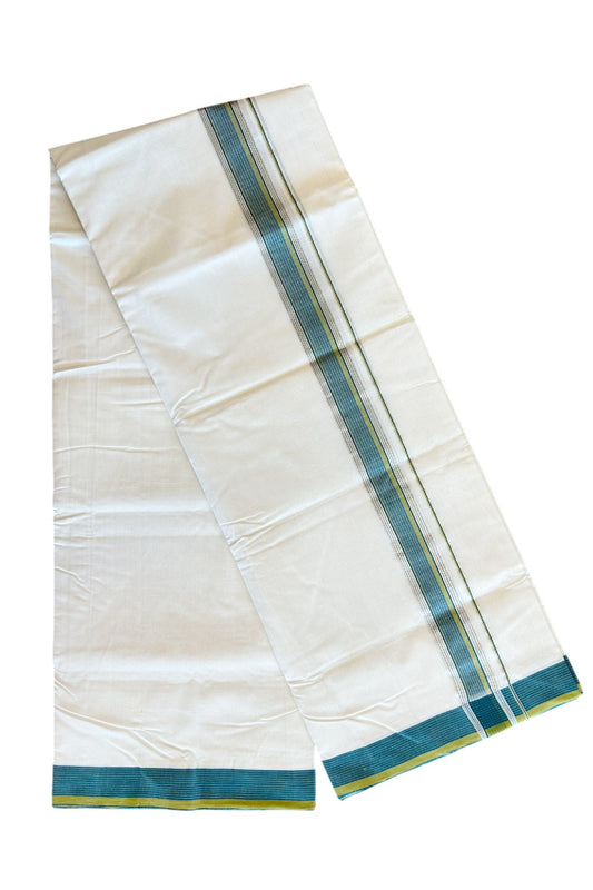 25% Discount !! KaithariKada HANDLOOM UNAKKUPAAV Balaramapuram - 100% PURE Cotton off white - (Unbleached) Double Mundu/Dhoti - 2 inch Silver kasavu Peacock Blue & Mustard Yellow striped kara - 8KK5082RAM