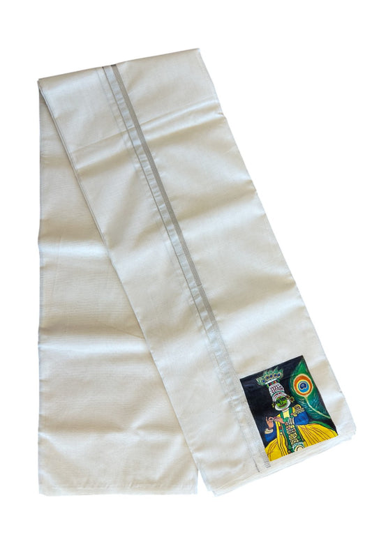 KaithariKada Balaramapuram 100% Cotton Double Off white - (Unbleached) Mundu/Dhoti-100x80 0.75 inch SILVER Kasavu & Hand Painted Kadhakali Design Kara 3.70 meter (8 Muzham) - 8KK5083ASH