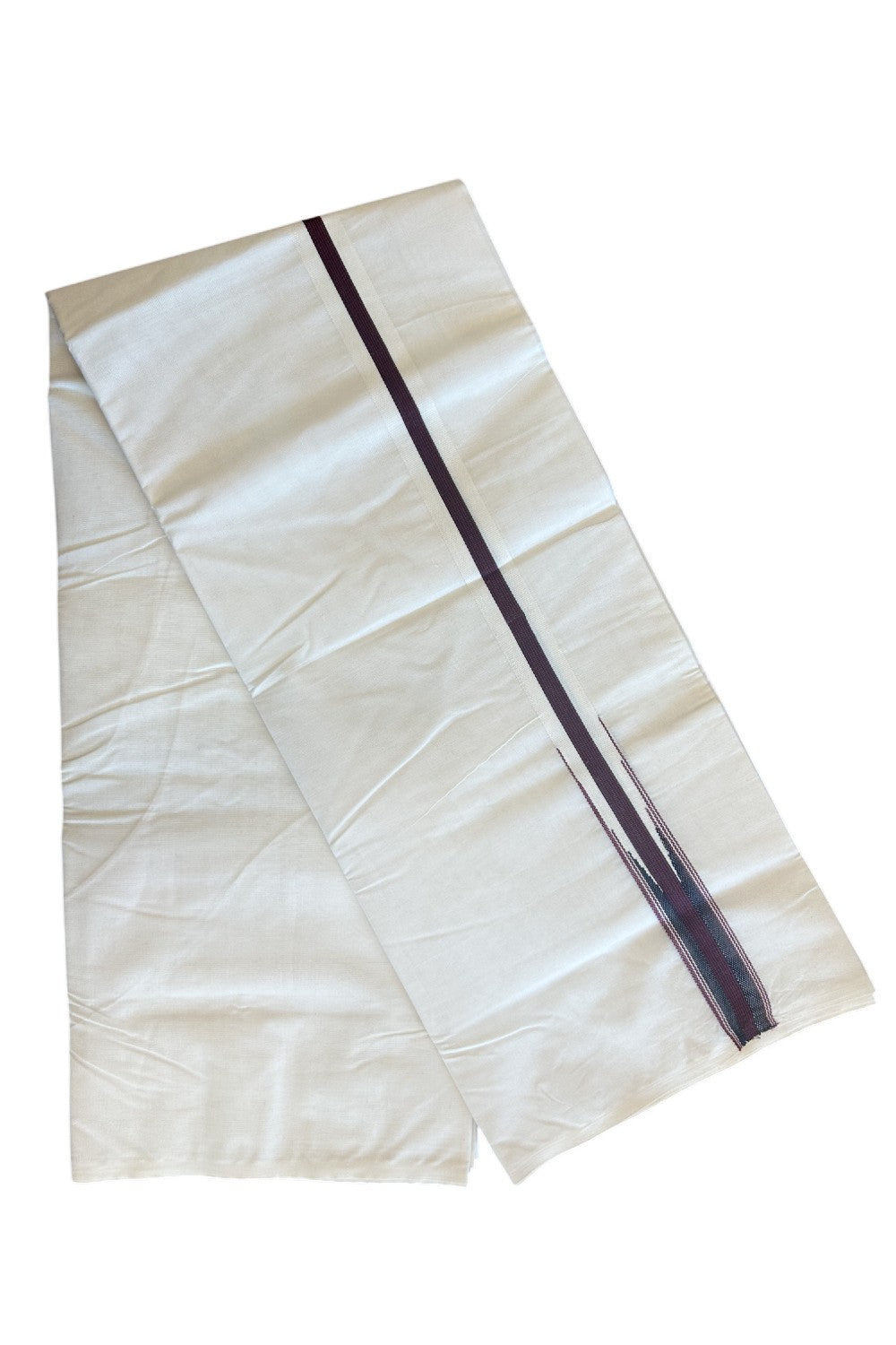 26% Discount! Balaramapuram Double Off white - (Unbleached) Mundu/Dhoti - 100X100 - 1 inch Puliyilakkara Dark Maroon & Black Striped Chutty Kara - 8KK5117ASH