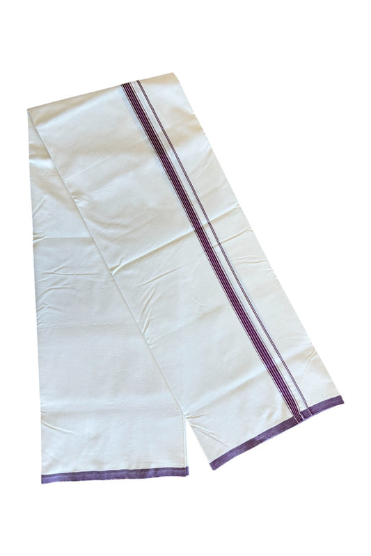 28% DISCOUNT ! KaithariKada Balaramapuram 100% COTTON SINGLE OFF WHITE - (Unbleached) Mundu/Dhoti-Twisted 100s Thread- 1.25 inch Wine Purple & Silver Striped Kara (2 meter / 4 muzham) - 8KK5120ASH