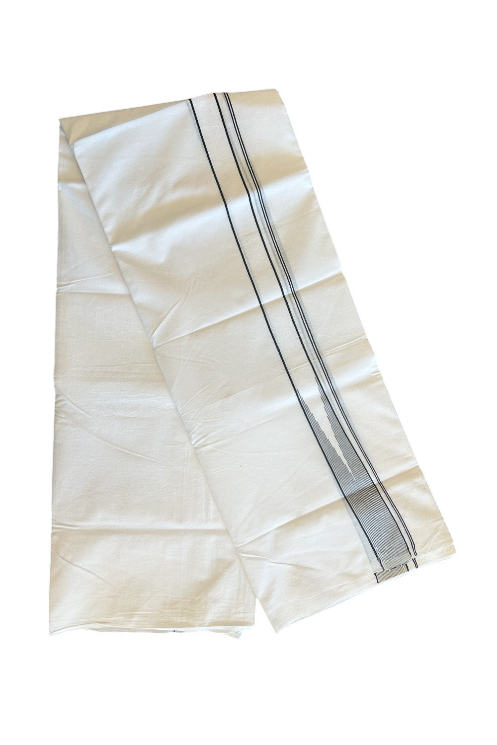 25% OFFER ! KaithariKada Balaramapuram 100% Cotton Double PURE WHITE - Mundu/Dhoti-100x100 1.65 INCH  Puliyilakkara Heavy Chutty Black Stripes - 7KK5127ASH