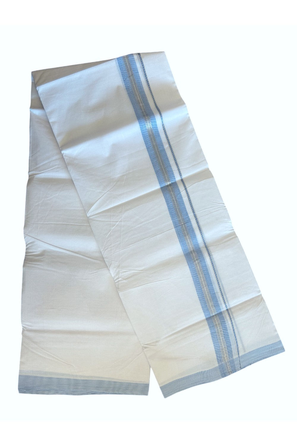 30% Discount KaithariKada HANDLOOM Unakkupaav Balaramapuram - 100% PURE Cotton PURE WHITE - 100x100 Double Mundu/Dhoti - 1.25 inch Sky Blue & Silver Striped Kasavu Kara - 8KK5129YAR