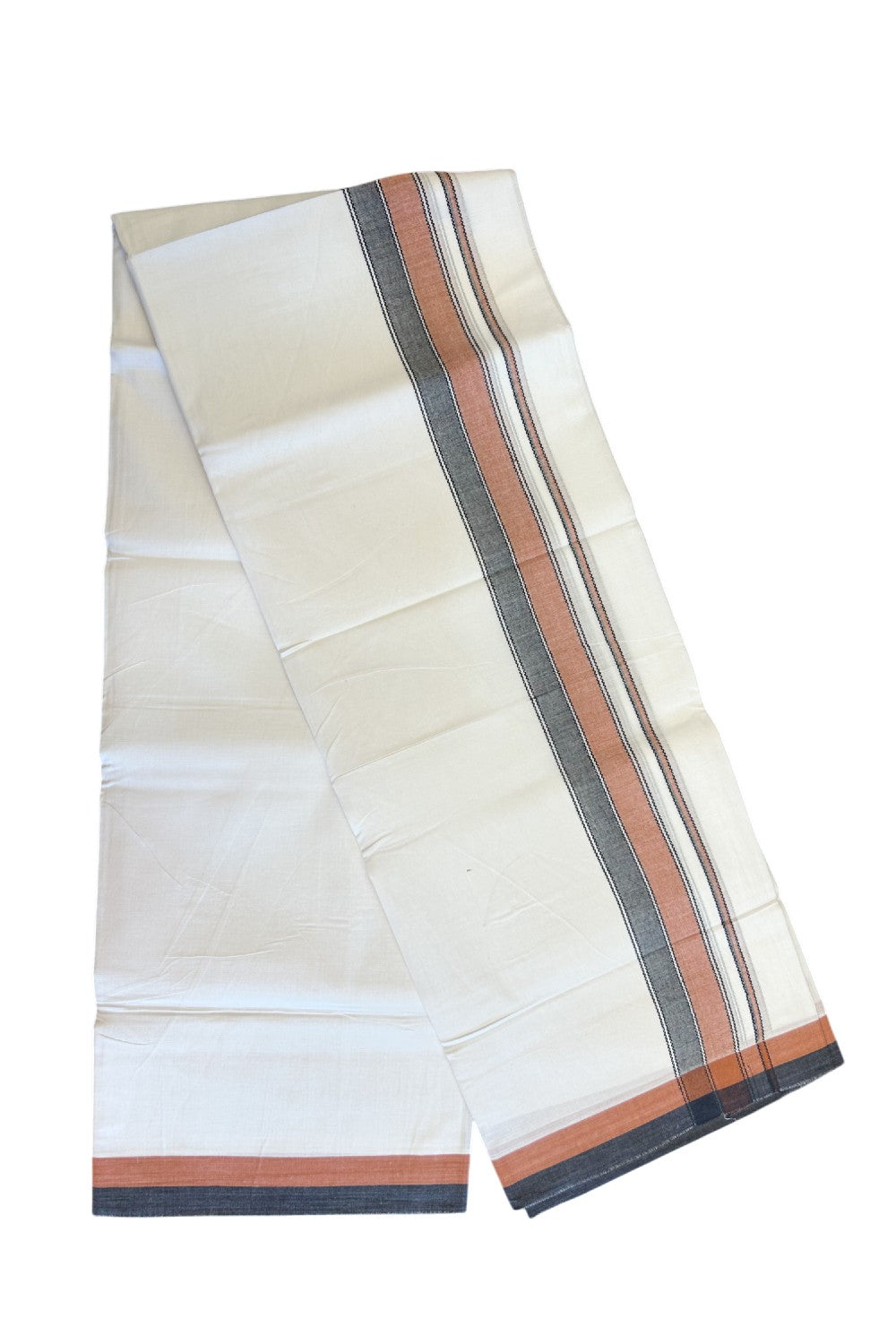 28% DISCOUNT! KaithariKada Balaramapuram 100% Cotton PURE WHITE Double Mundu/Dhoti - 100x80 - 1.75 inch Orange & Black shaded designer kara - 8KK5134THI