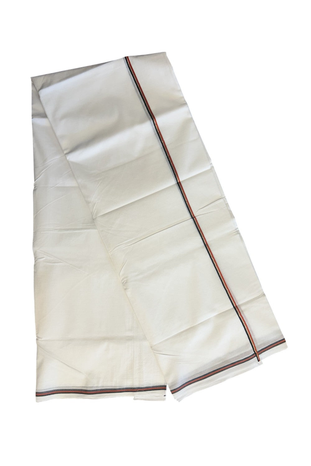 20% Discount!!  KaithariKada Balaramapuram 100% Cotton Double PURE WHITE Mundu/Dhoti - 100X100 - 0.25 inch Brick Red, Black & Silver Striped kara - 2KK5146ASH
