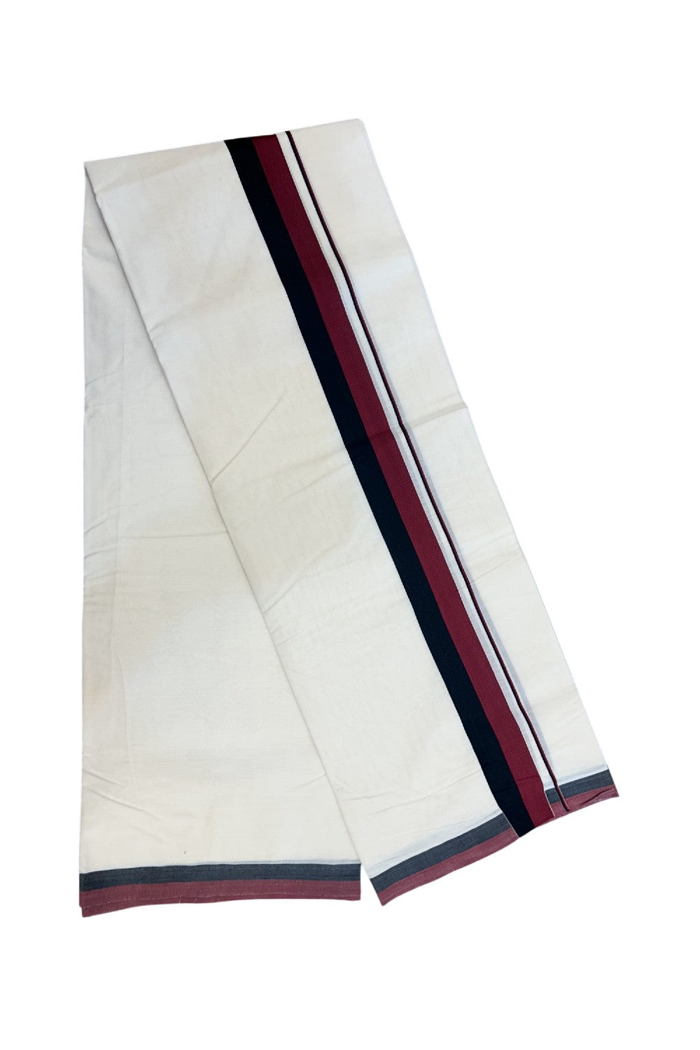 DMK Veshti - 18% DISCOUNT! KaithariKada 100% Cotton off white Double - (Unbleached) Mundu/Dhoti - 100X100 - 1.75 inch Black & Maroon kara - 8KK5165ASH