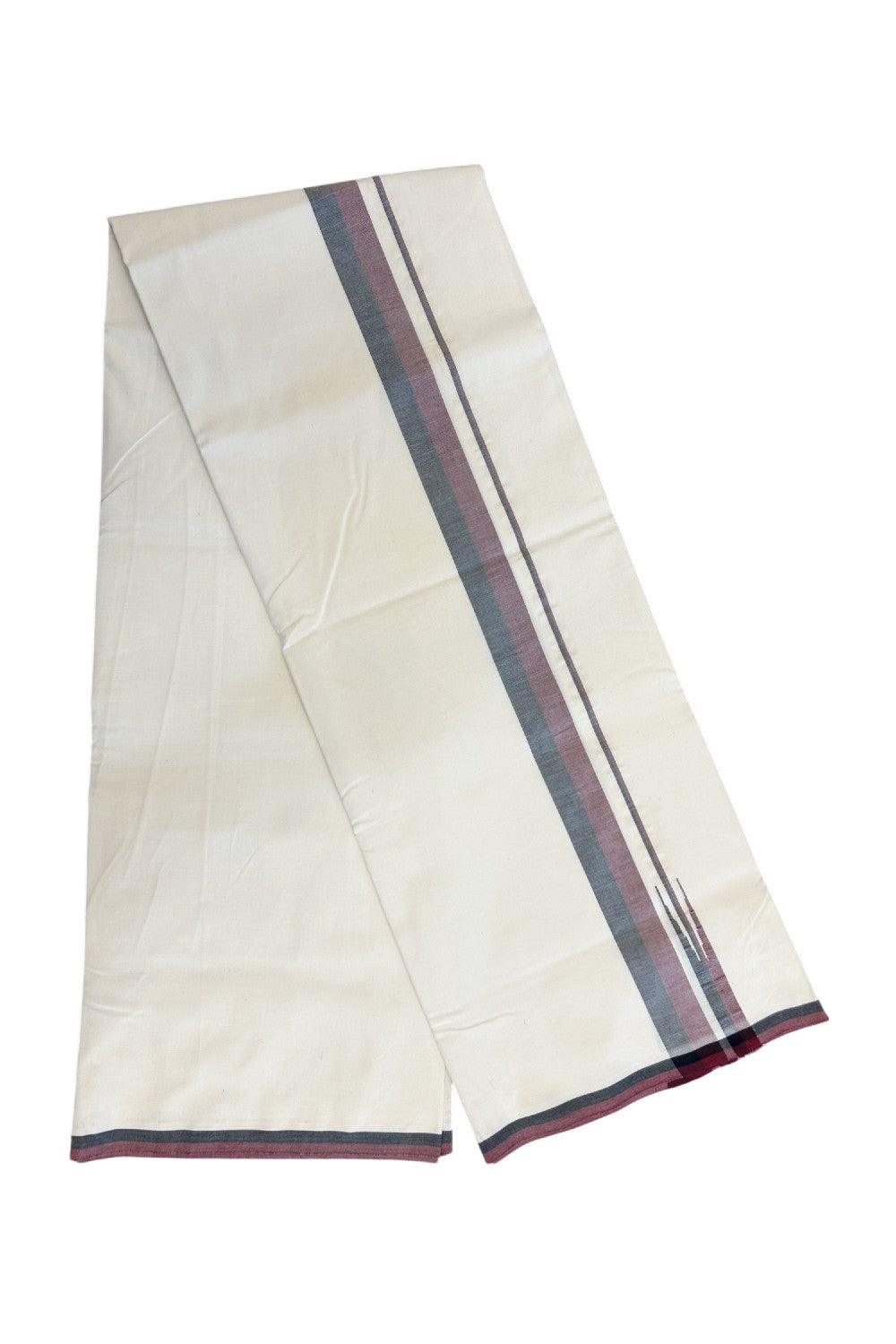 DMK Veshti - KaithariKada Balaramapuram 100% COTTON SINGLE OFF WHITE- (Unbleached) Mundu/Dhoti-100X100 -1.25 inch Puliyilakkara Maroon & Black Shaded Chutty (2 meter / 4 muzham) - 8KK5166ASH