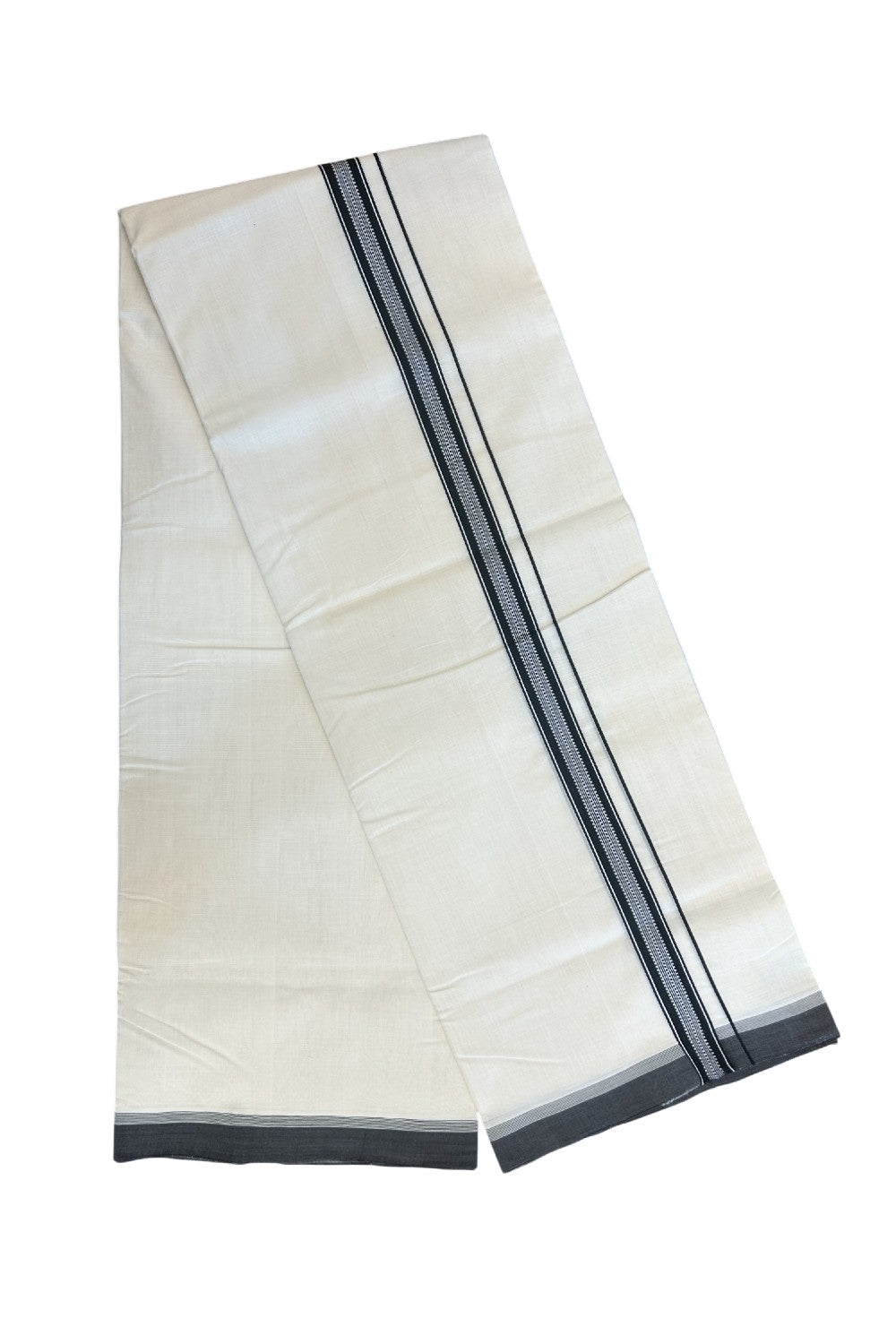 25% DISCOUNT!! KaithariKada HANDLOOM  UNAKKUPAAV Balaramapuram - 100% PURE Cotton OFF White - (Unbleached) Double Mundu/Dothi - 100x100 - 1 inch Black & White pattern kara 3.80 meter (8.5 Muzham) - 16KK5167REA