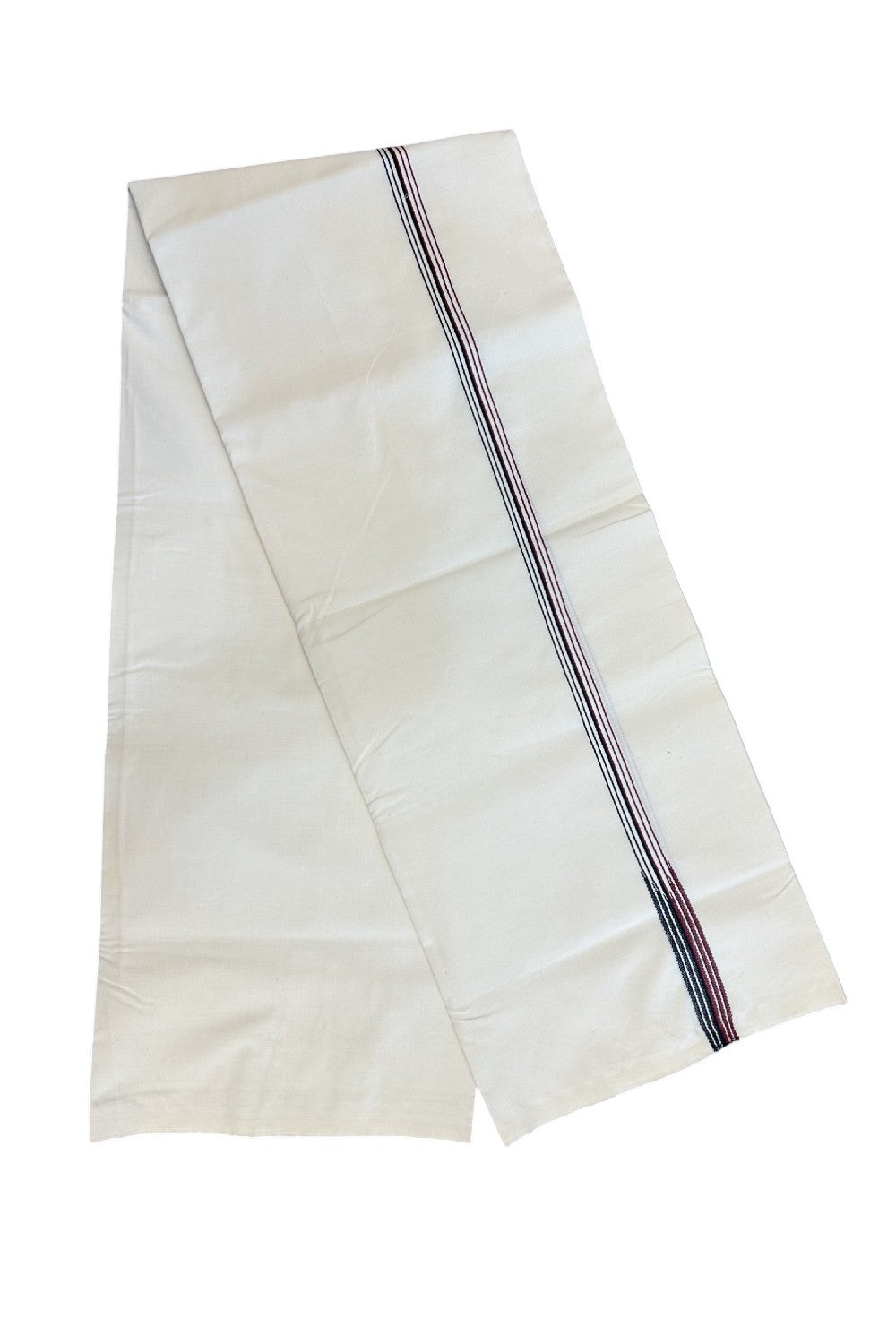 ADMK Veshti - KaithariKada Balaramapuram 100% COTTON SINGLE OFF WHITE- (Unbleached) Mundu/Dhoti-100X100 - 2 cm Puliyilakkara 6 line Maroon & Black Chutty (2 meter / 4 muzham) - 8KK5168ASH
