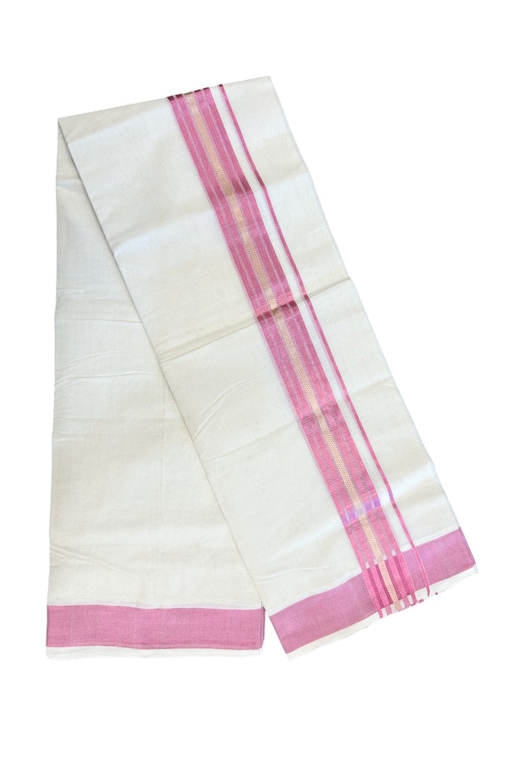 25% DISCOUNT!! KaithariKada HANDLOOM MILLPAAV Balaramapuram - 100% PURE Cotton OFF White - (Unbleached) Double Mundu/Dothi - 2 inch ROSE PINK colour kasavu & Gold Kasavu Striped kara - 4KK5170RAM