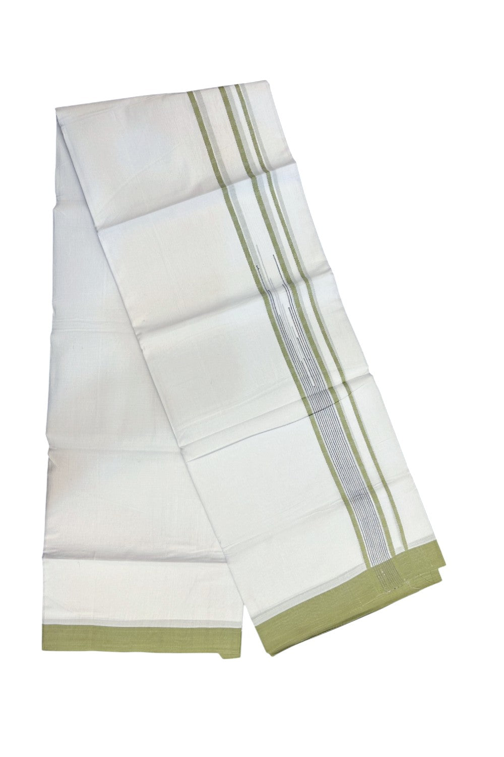 20% DISCOUNT! KaithariKada Balaramapuram DOUBLE PURE WHITE 100% Cotton Mundu/Dhoti - 100x80 - 1.5 inch Parrot Green Putta Design Chutty Kara - 8KK5174THI