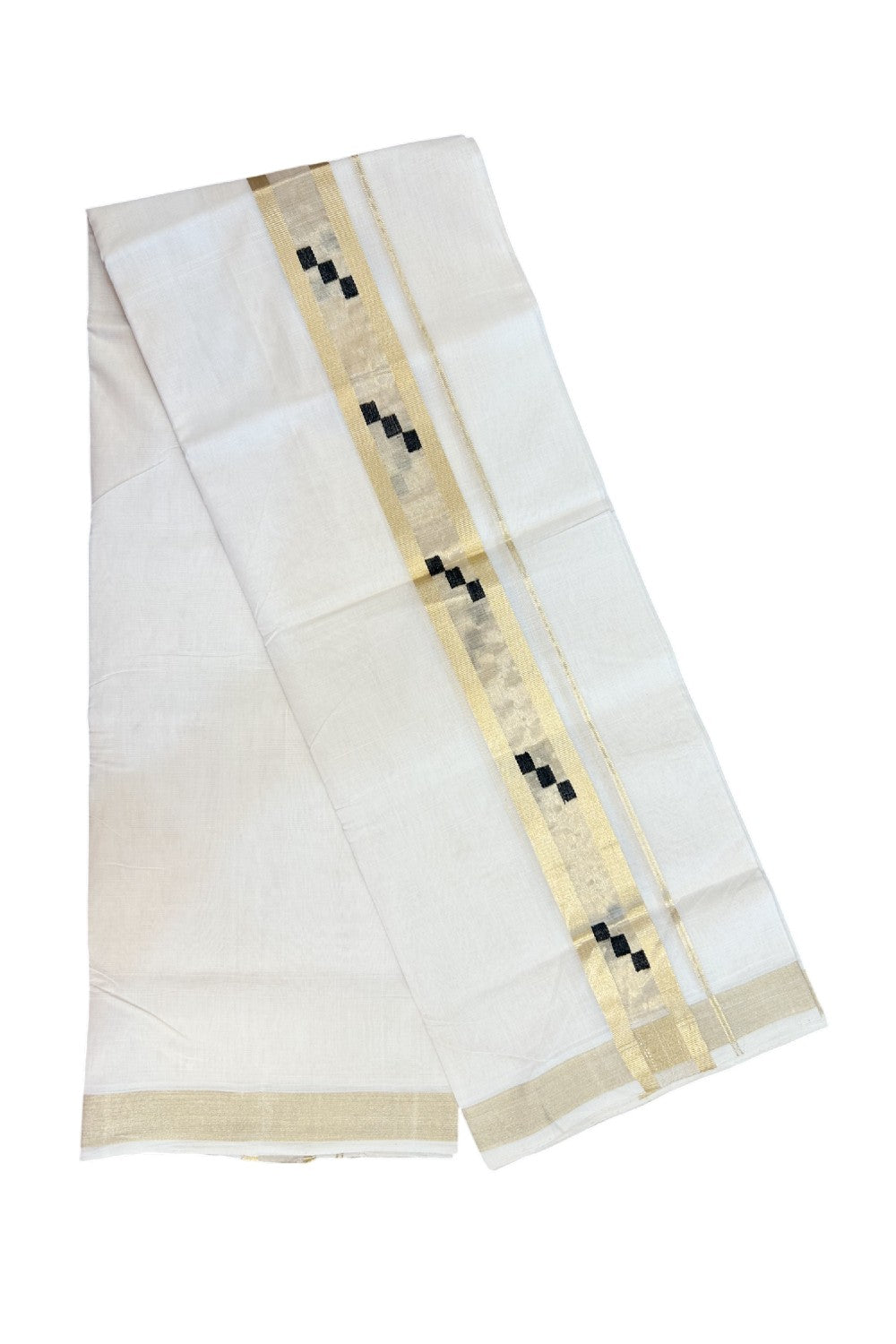 25% Discount ! KaithariKada Handloom Unakkupaav Balaramapuram - 100% Pure Cotton Off White - (Unbleached) Double Mundu/Dhoti - 100x100 - 2 inch Gold Kasav Center tissue & Black Designer Kara - 8KK5176ABH