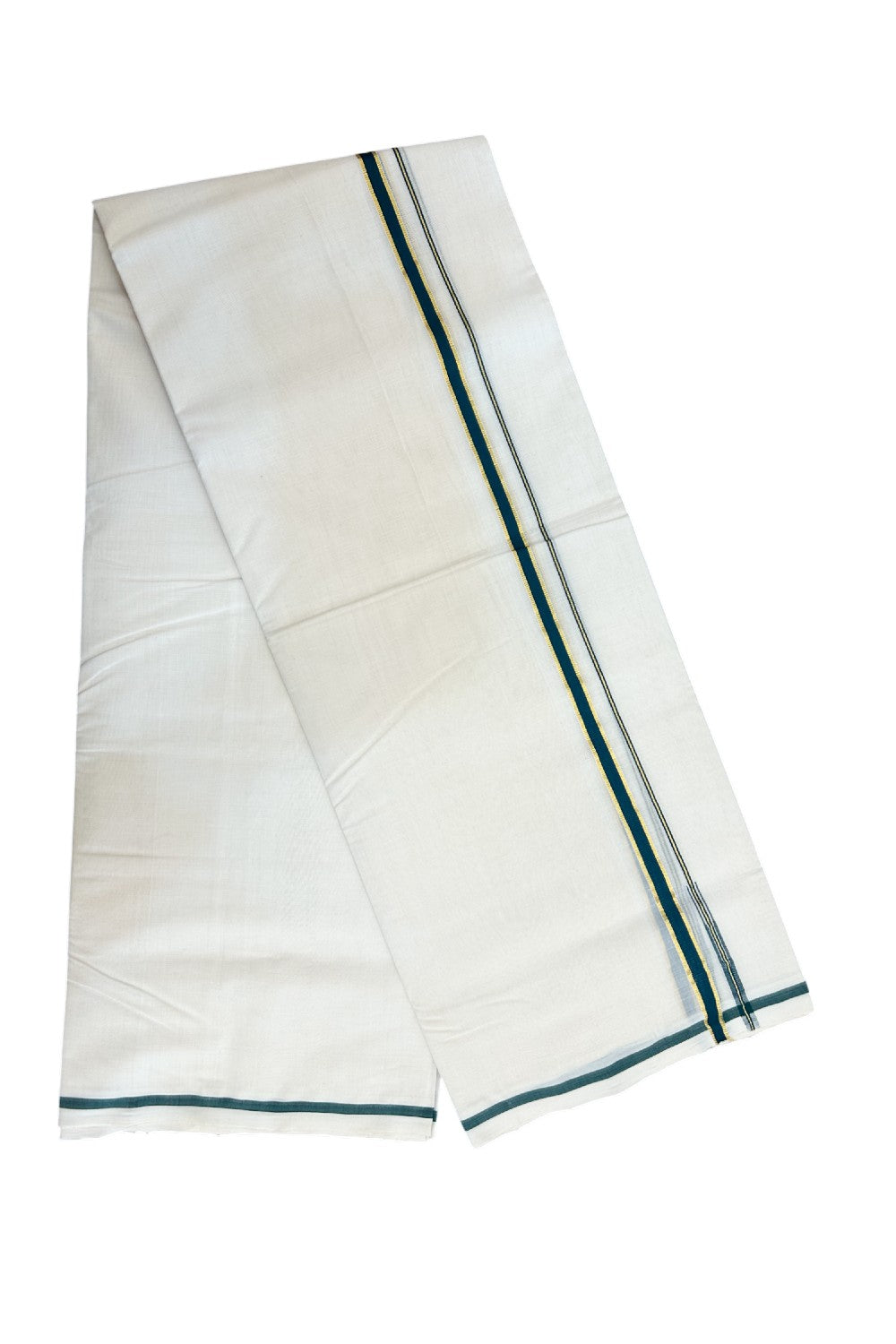 25% DISCOUNT!! KaithariKada HANDLOOM MILPAAV Balaramapuram - 100% PURE Cotton OFF White Double - (Unbleached) Mundu/Dothi - 100x100 - 0.5 Inch Kasavu Green Puliyilakkara chutty - 7KK5177RAM