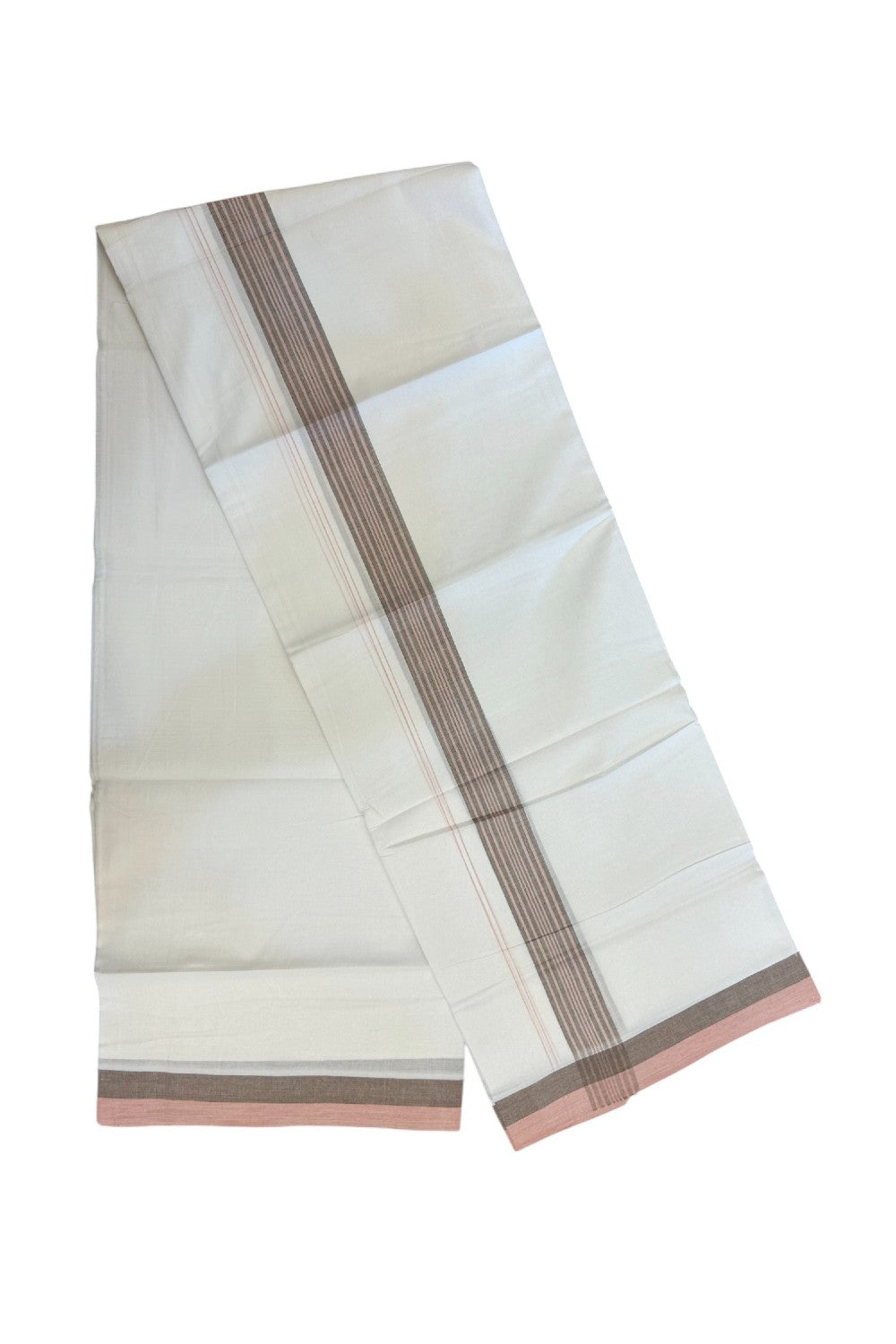 20% Discount ! Kaitharikada Balaramapuram 100% Cotton PURE WHITE Double Mundu/Dothi - 100x80 - 1.5 inch Peach & Wood Brown Striped Kara - 8KK5183VIN