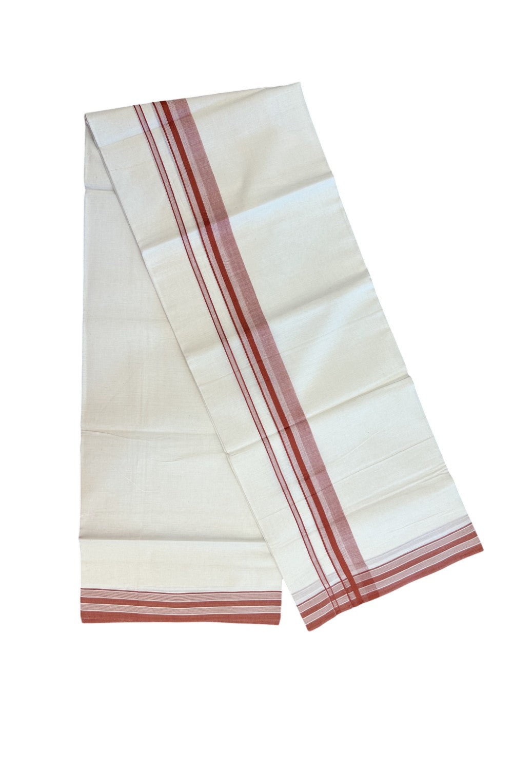 20% Discount ! Kaitharikada Balaramapuram 100% Cotton Double Off white (Unbleached) Mundu/Dhoti - 100x100 - 1.5 inch Brick Red shaded Stripes Kara - 8KK5186CKS