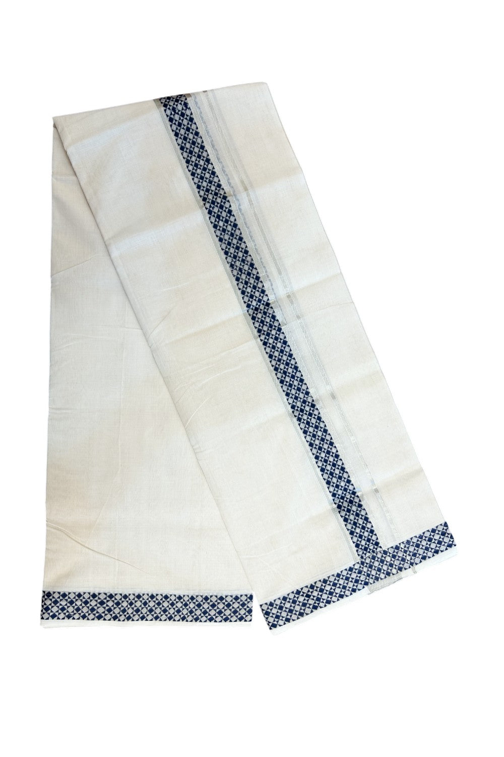 25% DISCOUNT ! KaithariKada HANDLOOM Unakkupaav Balaramapuram - 100% PURE Cotton Off White - (Unbleached) Double Mundu/Dhoti - 1.75 inch Silver Kasavu & Navy Blue Jacquard Design Kara - 8KK5206 ABH