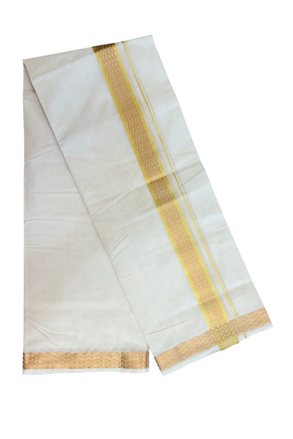 25% DISCOUNT ! KaithariKada HANDLOOM UNAKKUPAAV Balaramapuram - 100% PURE Cotton Off White - (Unbleached) Double Mundu/Dhoti - 1.75 inch Gold Kasavu & Copper Kasavu Jacquard Design Kara - 8KK5208ABH